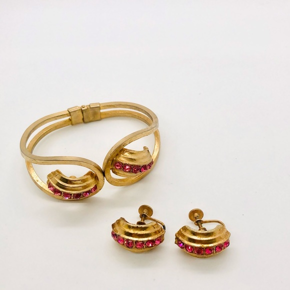Vintage deco pink rhinestone bracelet & earrings - Picture 6 of 6